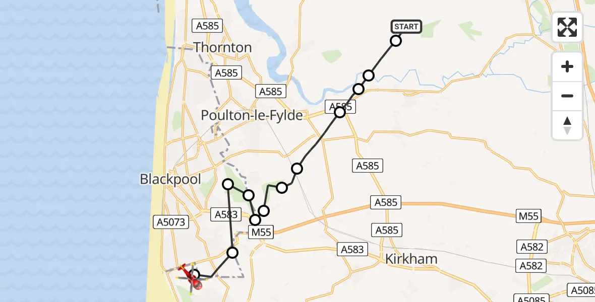 Routekaart van de vlucht: Air Ambulance Helicopter to Blackpool Airport