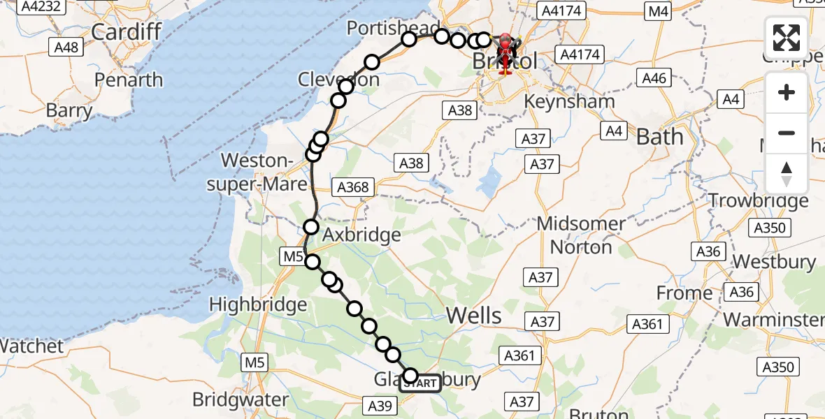 Flight path map showing Air Ambulance Helicopter route from Glastonbury to Bristol Royal Infirmary