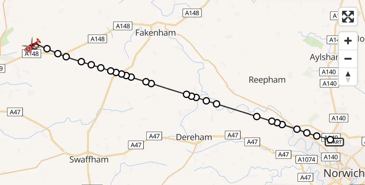 Flight path map showing Air Ambulance Helicopter route from Norwich Airport to Flitcham