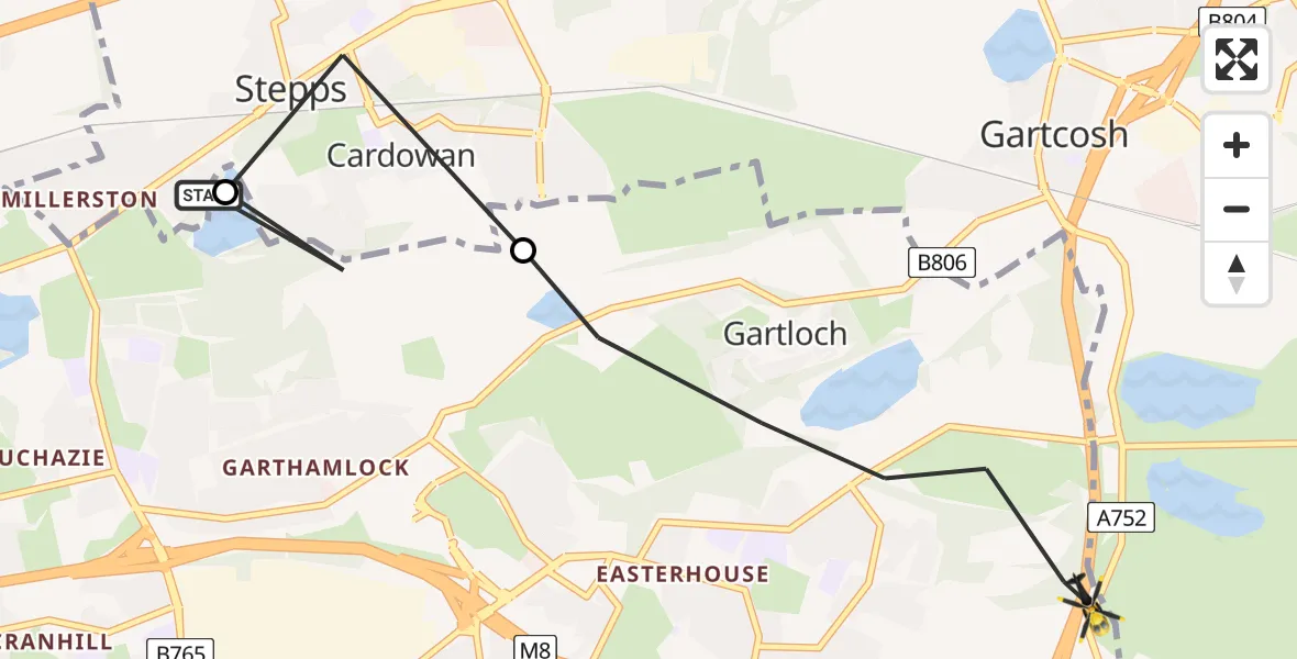 Flight path map showing Police Helicopter route from Stepps to Gartloch