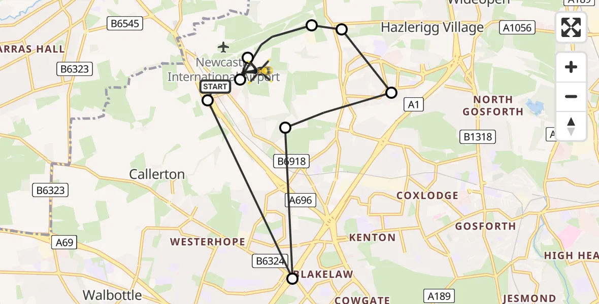 Flight path map showing Police Helicopter route from Newcastle International Airport to Woolsington