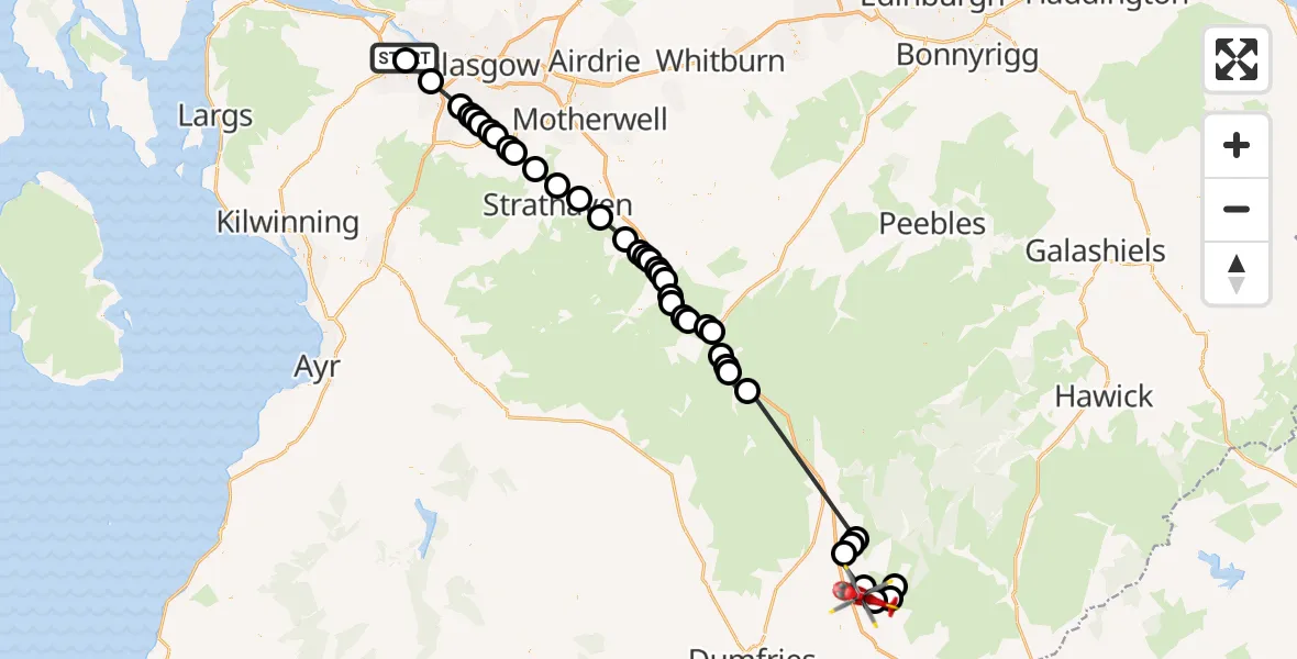 Flight path map showing Air Ambulance Helicopter route from Glasgow Airport to Newfield