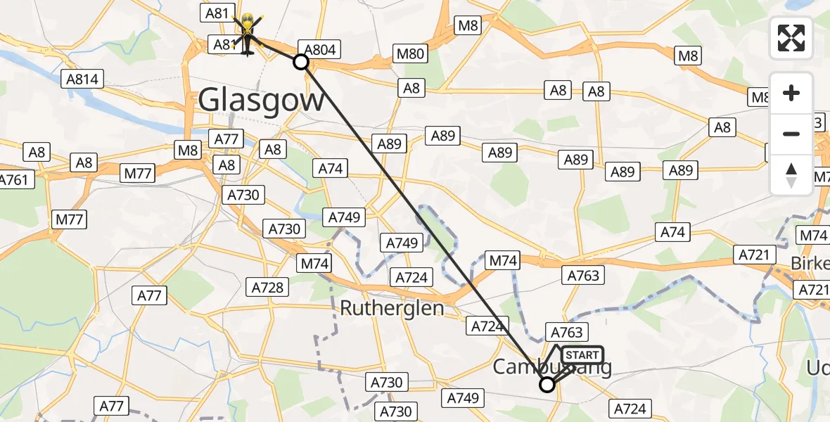 Flight path map showing Police Helicopter route from Glasgow to Glasgow