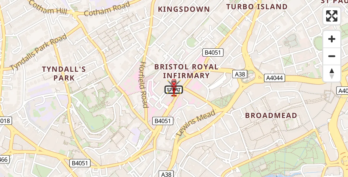 Flight path map showing Air Ambulance Helicopter route from Bristol Royal Infirmary to Bristol Royal Infirmary