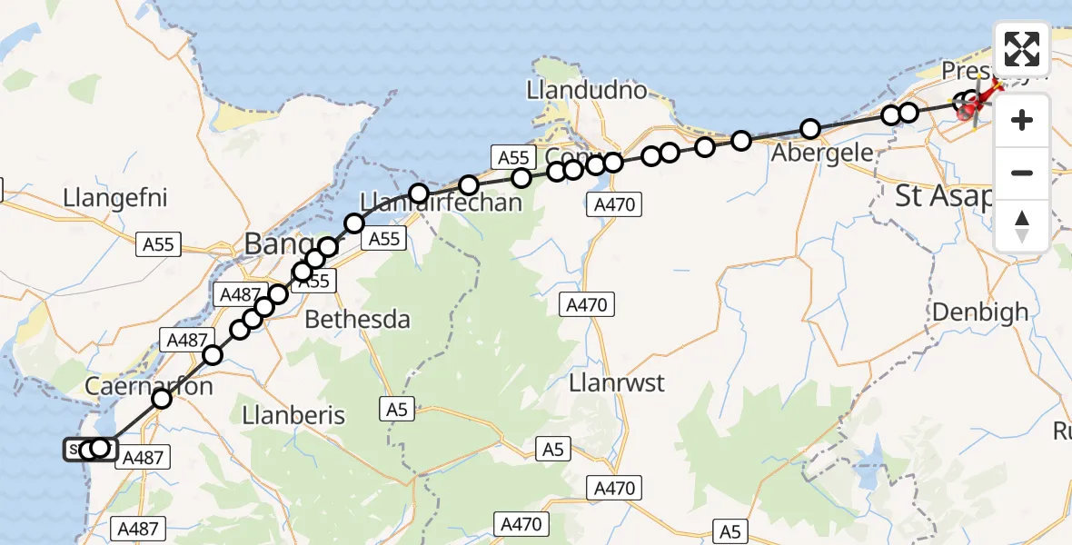 Flight path map showing Air Ambulance Helicopter route from Caernarfon Airport to Prestatyn