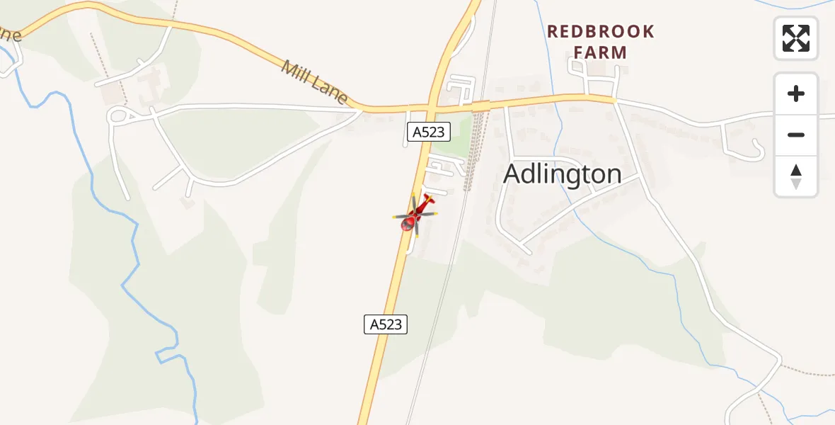 Flight path map showing Air Ambulance Helicopter route from Adlington to Adlington
