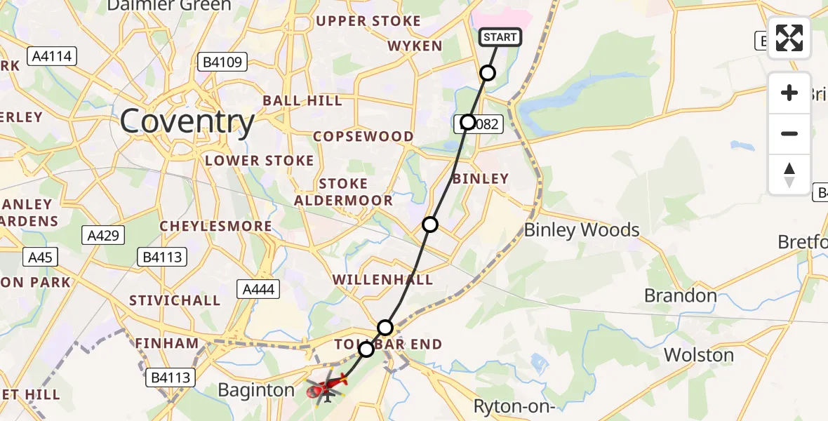 Flight path map showing Air Ambulance Helicopter route from University Hospital Coventry to Coventry Airport