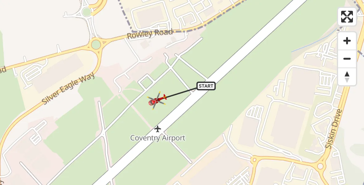 Flight path map showing Air Ambulance Helicopter route from Coventry Airport to Coventry Airport