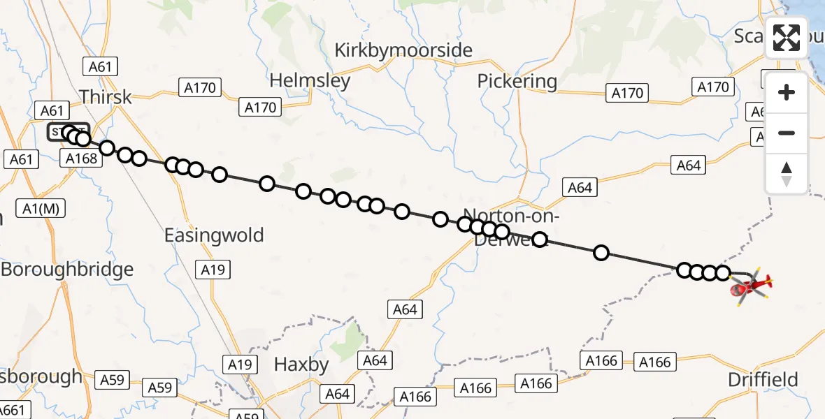 Flight path map showing Air Ambulance Helicopter route from RAF Topcliffe to Langtoft