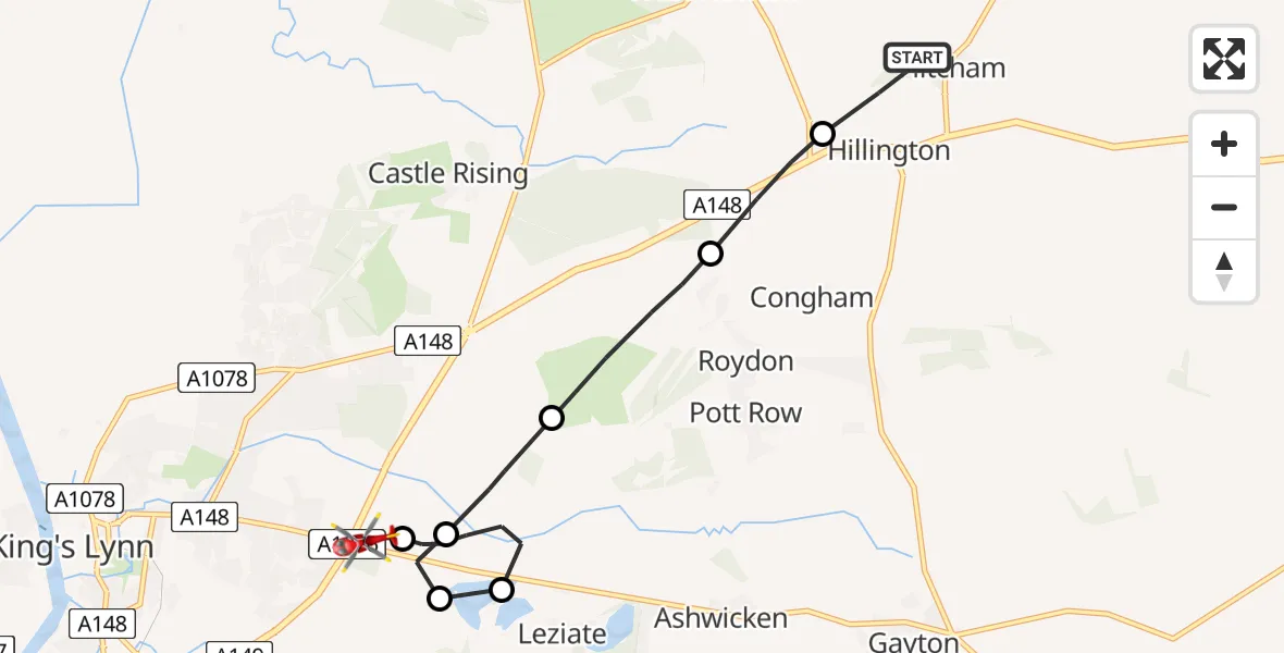 Flight path map showing Air Ambulance Helicopter route from Flitcham to King's Lynn and West Norfolk