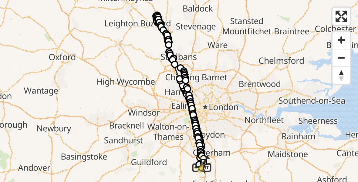 Flight path map showing Police Helicopter route from Salfords to South Nutfield
