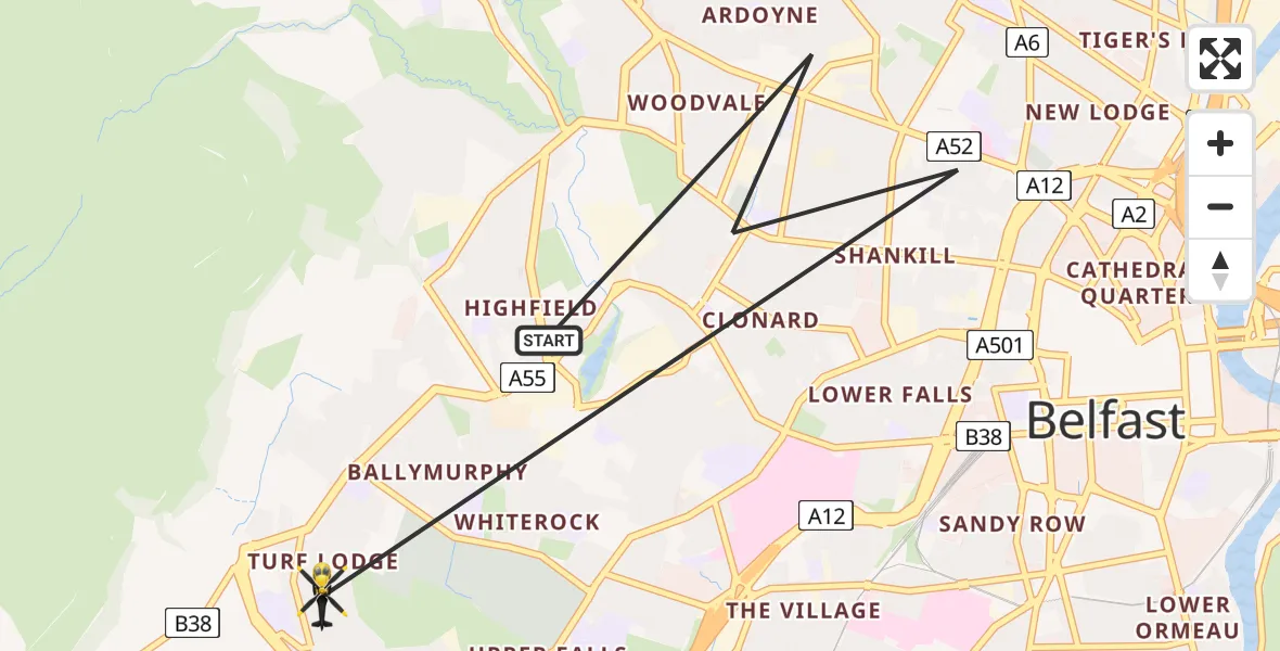 Routekaart van de vlucht: Police Helicopter to Belfast City District, Norglen Road