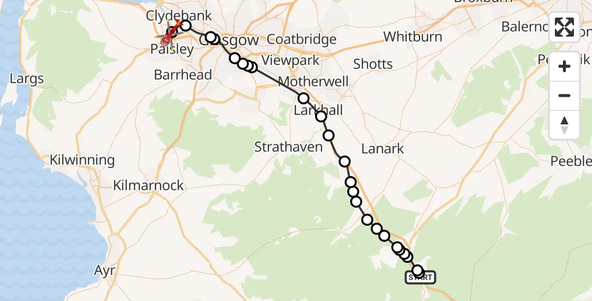 Flight path map showing Air Ambulance Helicopter route from Elvanfoot to Glasgow Airport