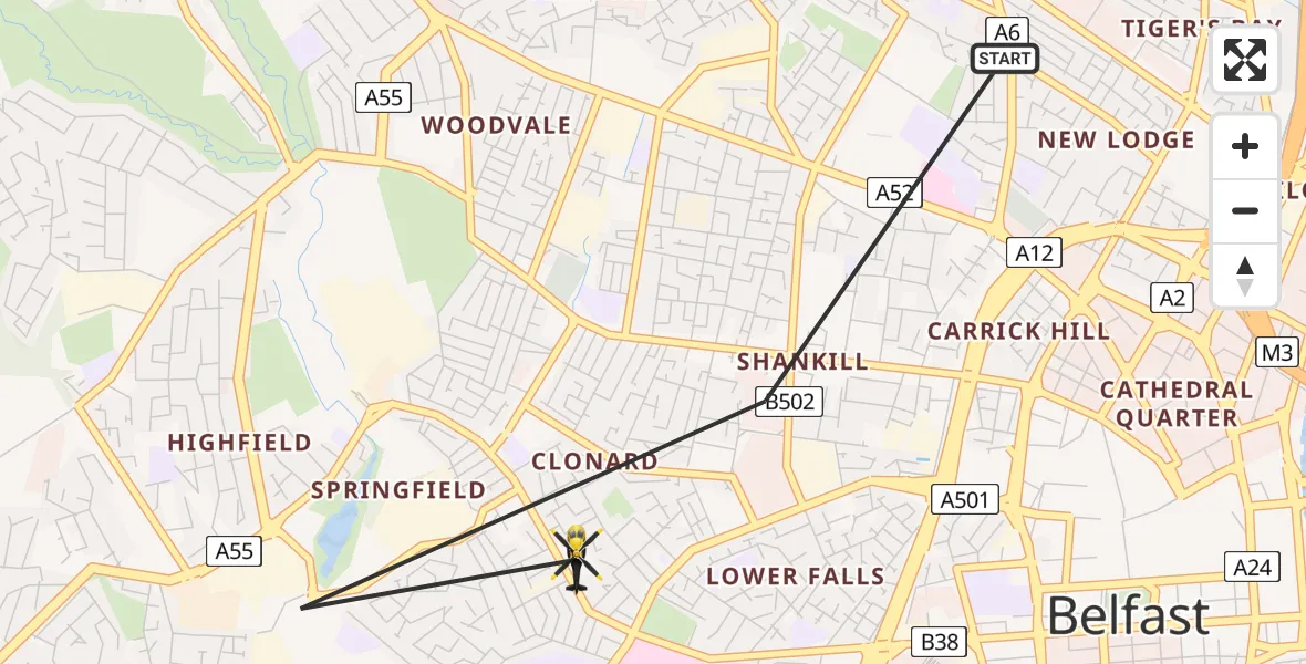 Flight path map showing Police Helicopter route from Belfast City District to Belfast City District