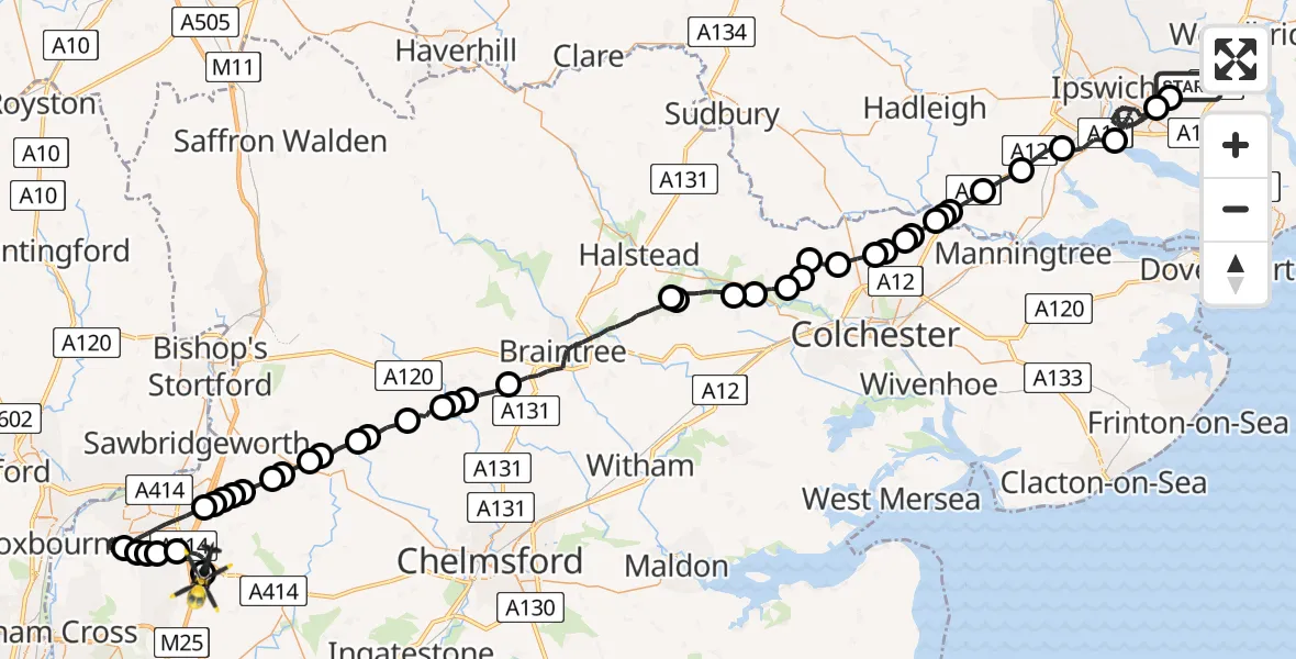 Flight path map showing Police Helicopter route from Kesgrave to North Weald Airfield
