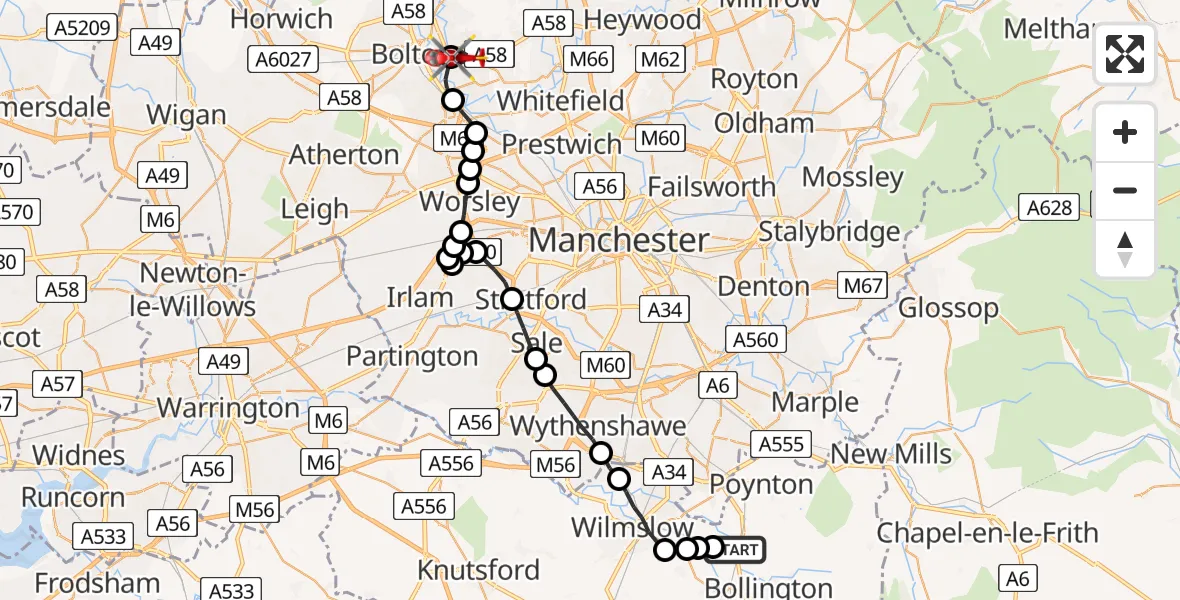 Flight path map showing Air Ambulance Helicopter route from Adlington to Bolton