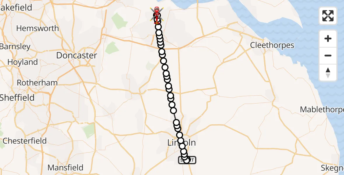 Flight path map showing Air Ambulance Helicopter route from RAF Waddington to Burton Stather