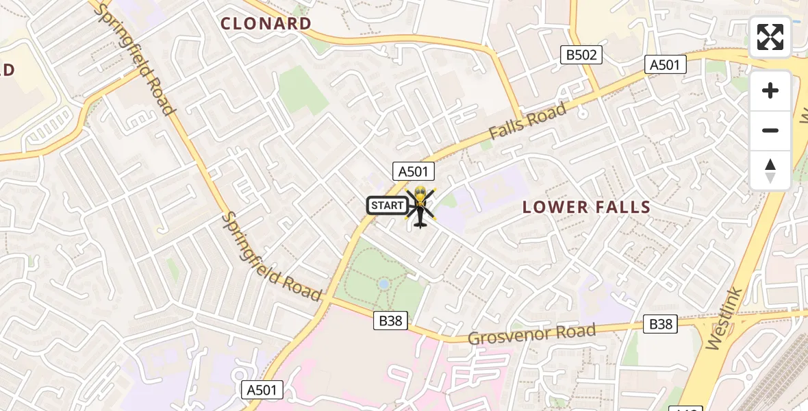 Flight path map showing Police Helicopter route from Belfast City District to Belfast City District