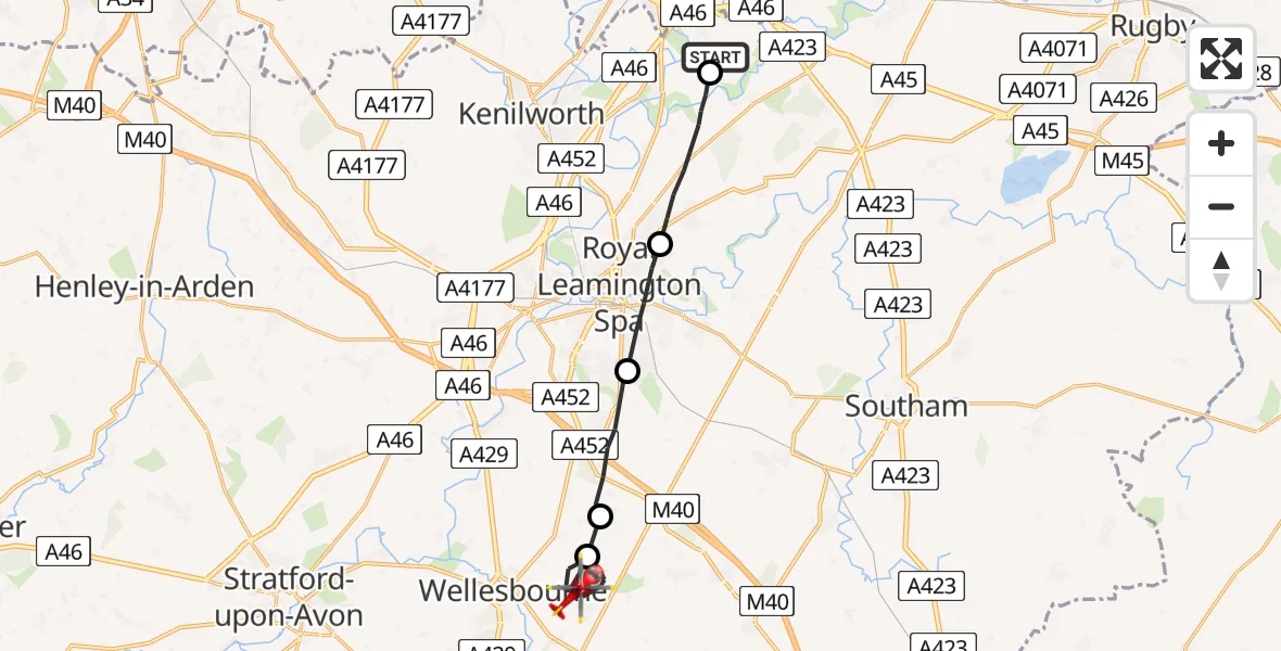 Flight path map showing Air Ambulance Helicopter route from Coventry Airport to Moreton Morrell