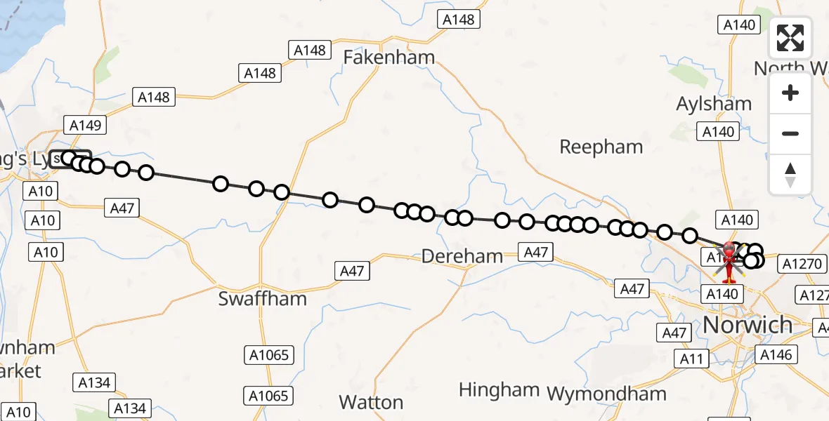 Flight path map showing Air Ambulance Helicopter route from Queen Elizabeth Hospital to Norwich Airport