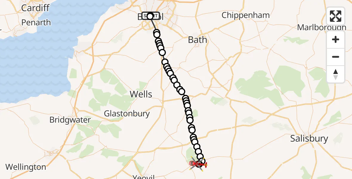 Flight path map showing Air Ambulance Helicopter route from Bristol Royal Infirmary to Henstridge Airfield