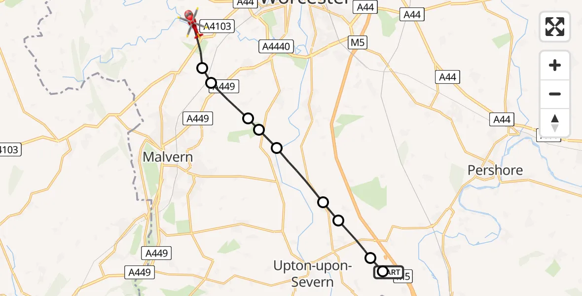 Flight path map showing Air Ambulance Helicopter route from Hill Croome to Leigh