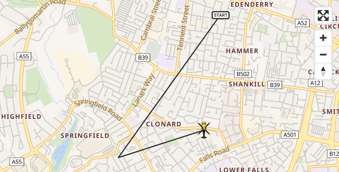 Flight path map showing Police Helicopter route from Belfast City District to Belfast City District