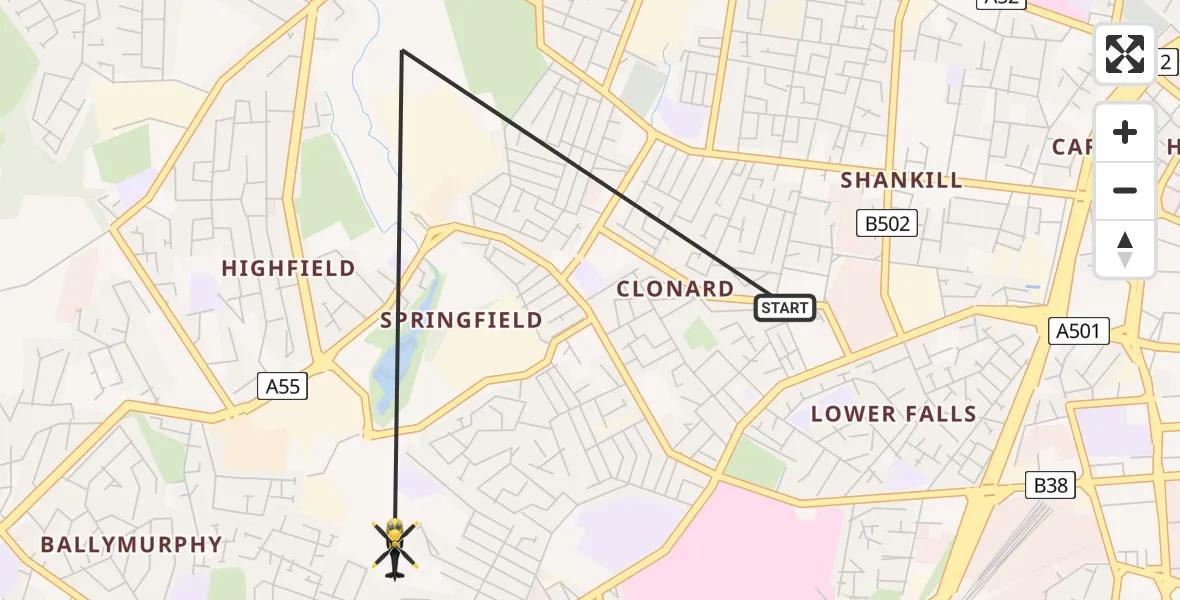 Flight path map showing Police Helicopter route from Belfast City District to Belfast City District