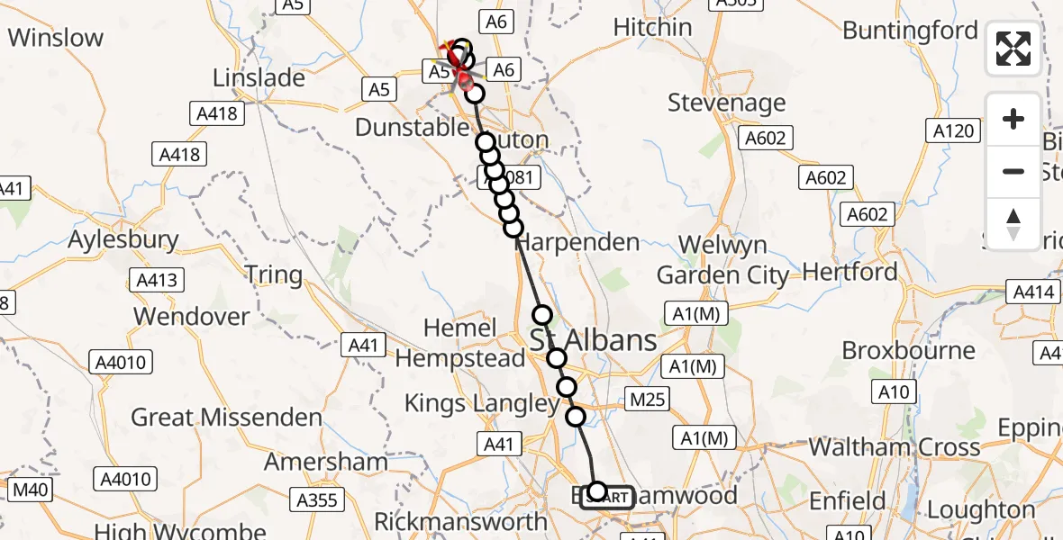 Flight path map showing Air Ambulance Helicopter route from Elstree Airfield to Sundon Park