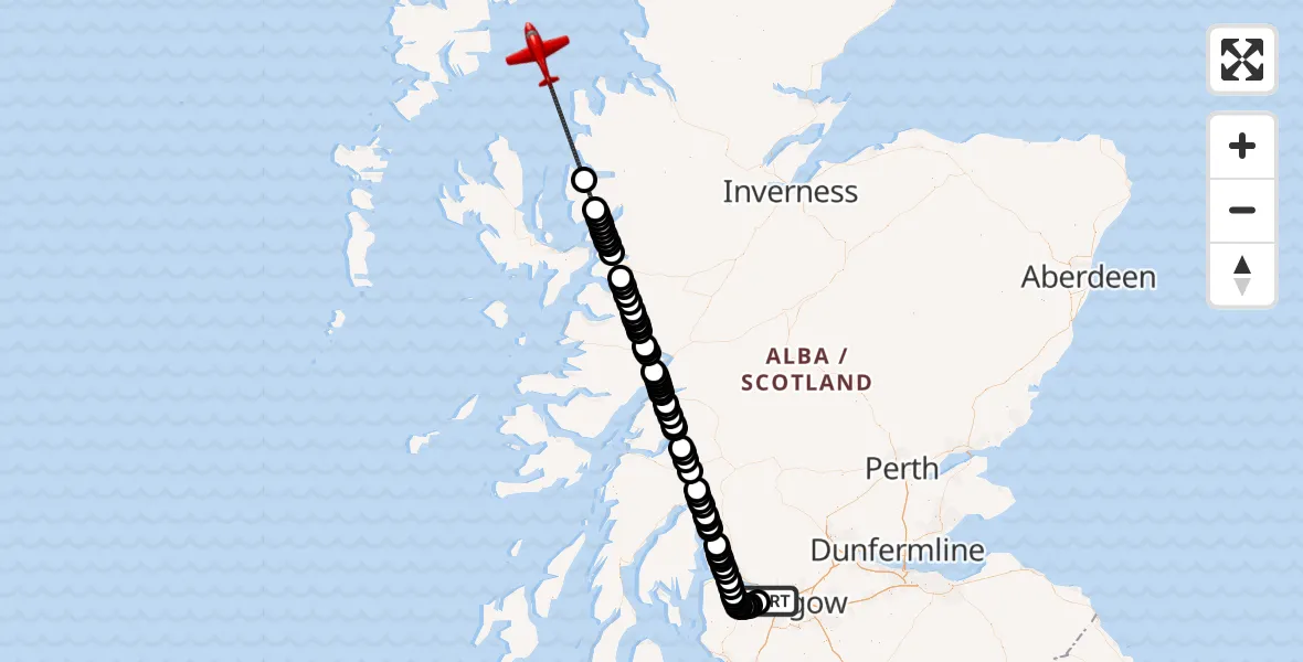 Flight path map showing Air Ambulance Aircraft route from Glasgow Airport to Inner Seas