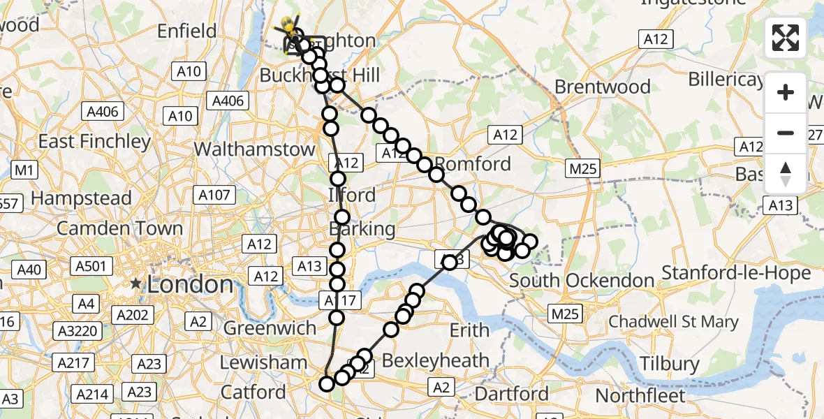 Flight path map showing Police Helicopter route from Sewardstonebury to Sewardstonebury