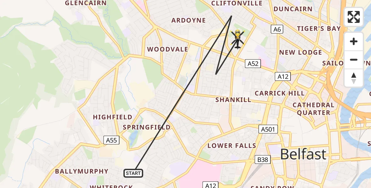 Flight path map showing Police Helicopter route from Belfast City District to Belfast City District
