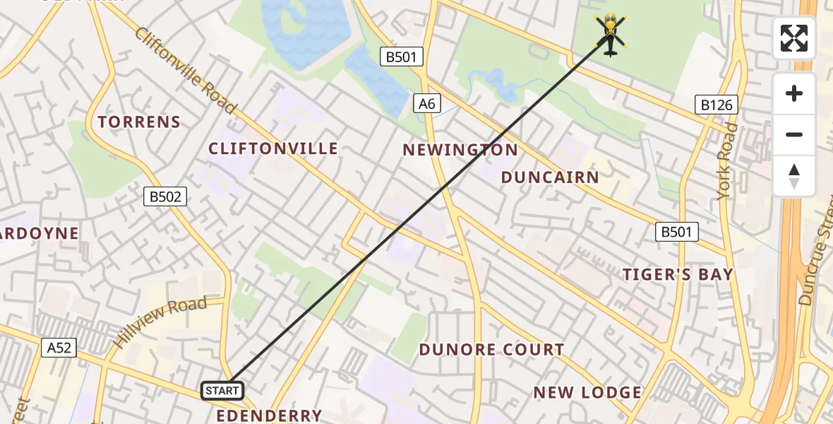 Flight path map showing Police Helicopter route from Belfast City District to Belfast City District