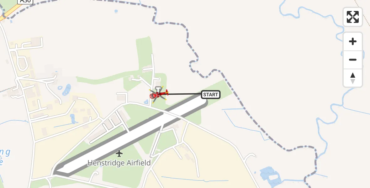 Flight path map showing Air Ambulance Helicopter route from Henstridge Airfield to Henstridge Airfield