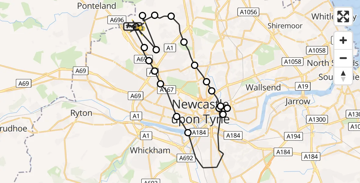 Routekaart van de vlucht: Police Helicopter to Newcastle International Airport