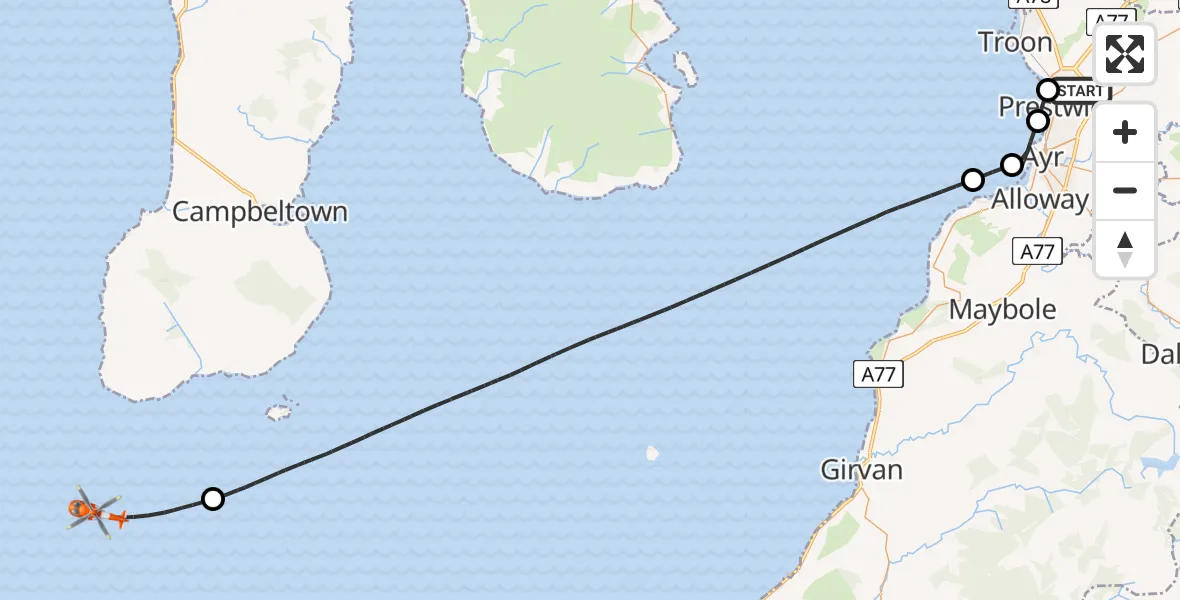 Flight path map showing Coastguard Helicopter route from Glasgow Prestwick Airport to Irish Sea