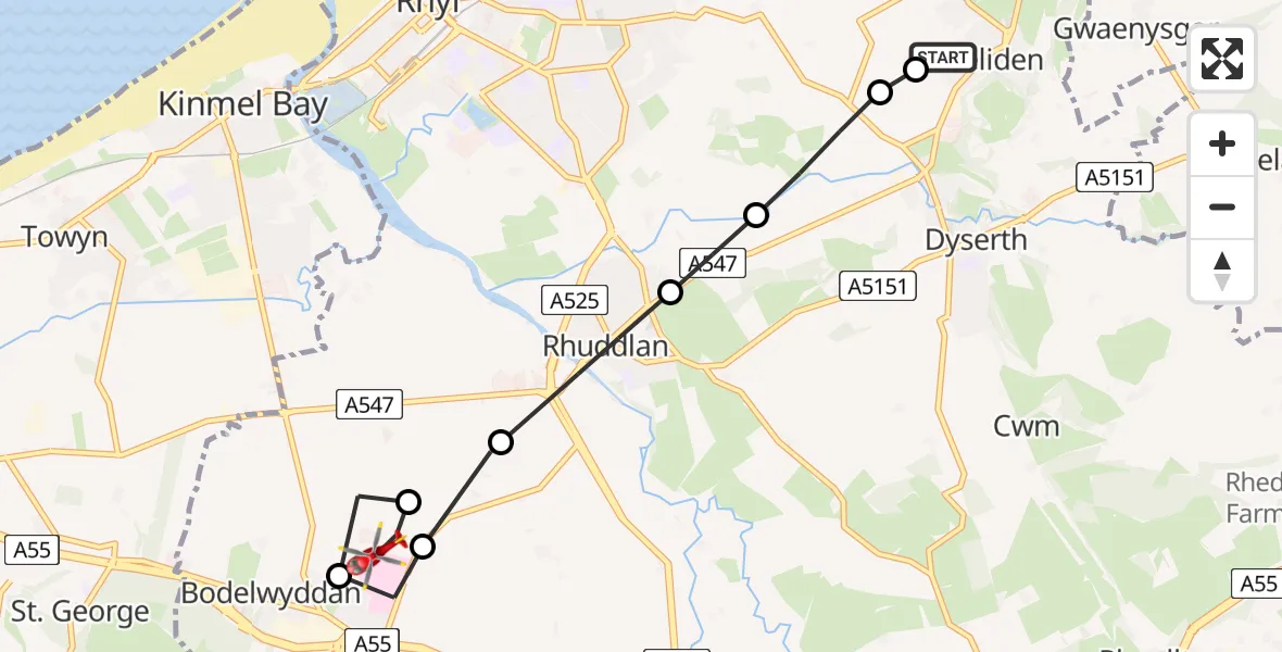Flight path map showing Air Ambulance Helicopter route from Meliden to Rhyl