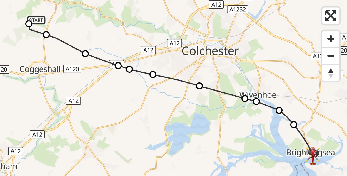 Flight path map showing Air Ambulance Helicopter route from Earls Colne Airfield to Brightlingsea