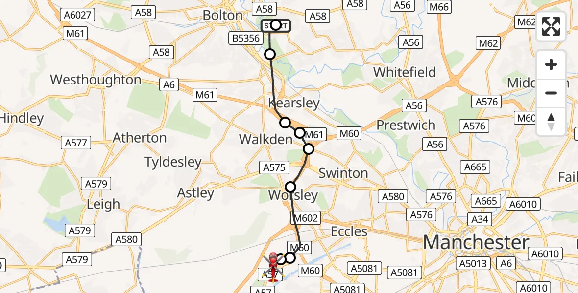 Flight path map showing Air Ambulance Helicopter route from Bolton to Manchester Barton Aerodrome