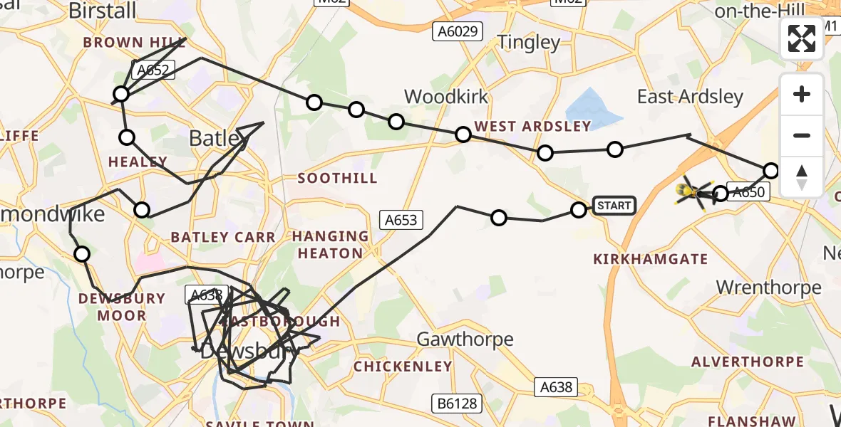 Flight path map showing Police Helicopter route from East Ardsley to Brandy Carr