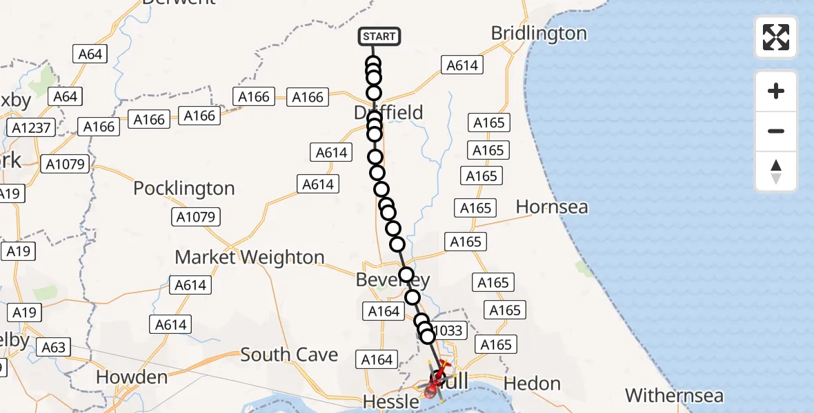 Routekaart van de vlucht: Air Ambulance Helicopter to Hull Royal Infirmary
