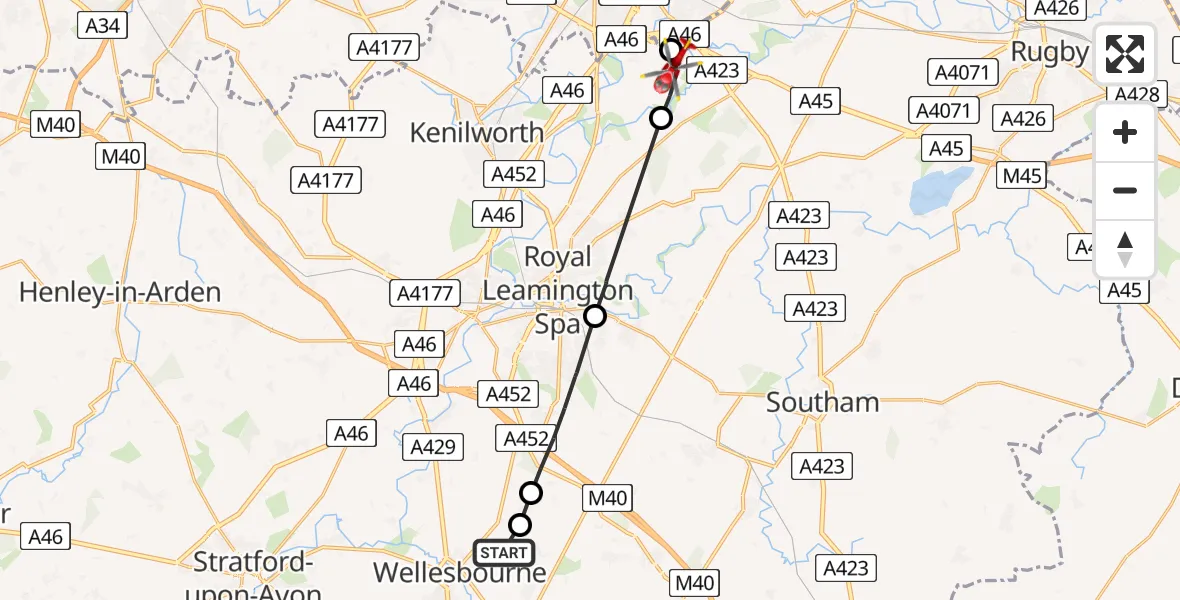 Flight path map showing Air Ambulance Helicopter route from Stratford-on-Avon to Warwick