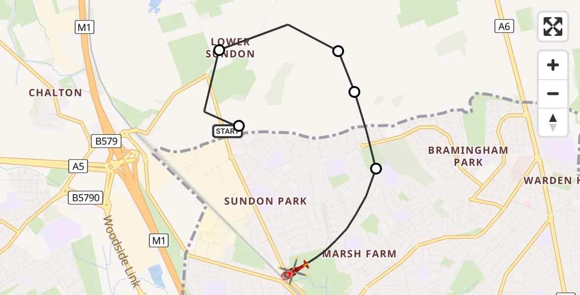 Routekaart van de vlucht: Air Ambulance Helicopter to Marsh Farm, Sundon Park Road