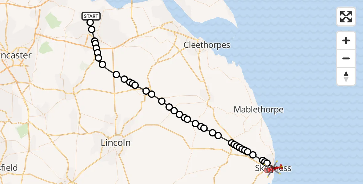 Flight path map showing Air Ambulance Helicopter route from Burton Stather to Skegness