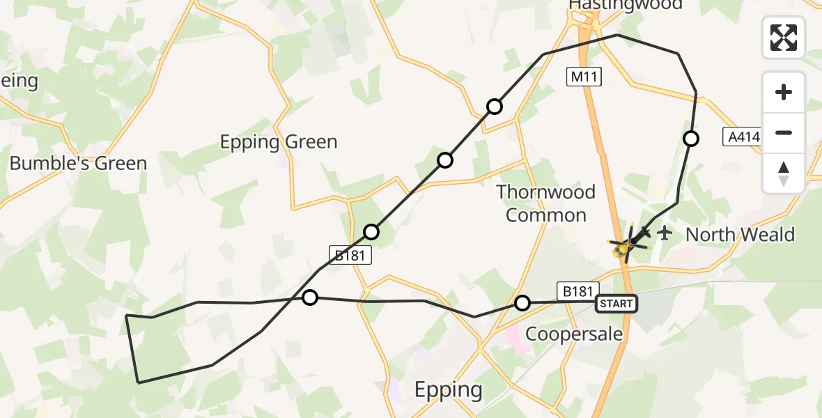 Flight path map showing Police Helicopter route from North Weald Bassett to North Weald Airfield
