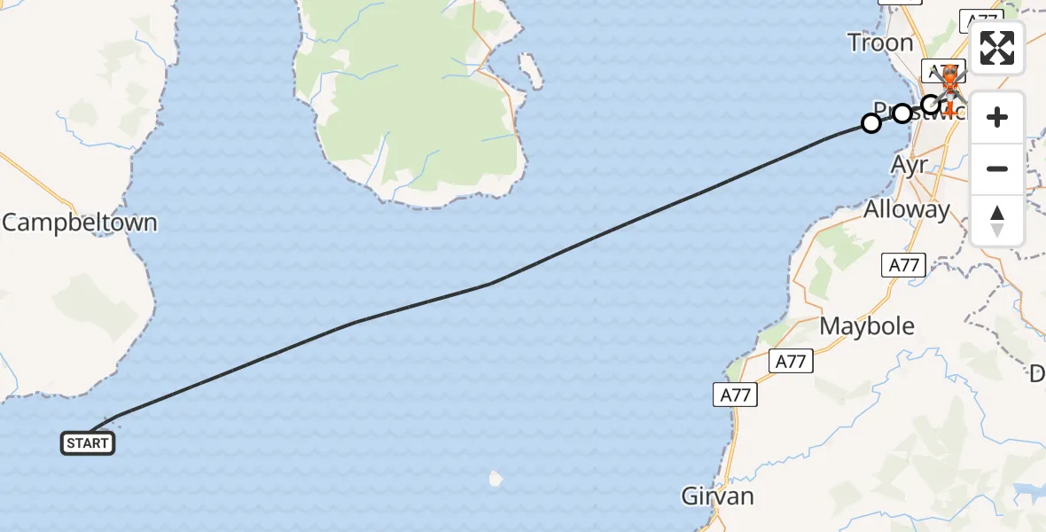 Flight path map showing Coastguard Helicopter route from Inner Seas to Glasgow Prestwick Airport
