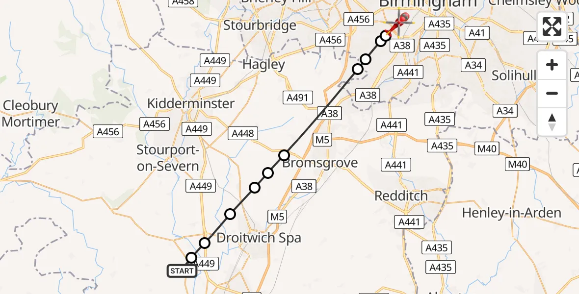 Flight path map showing Air Ambulance Helicopter route from Grimley to Metchley