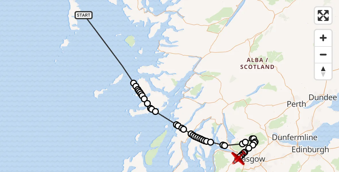 Flight path map showing Air Ambulance Aircraft route from Inner Seas to Glasgow Airport