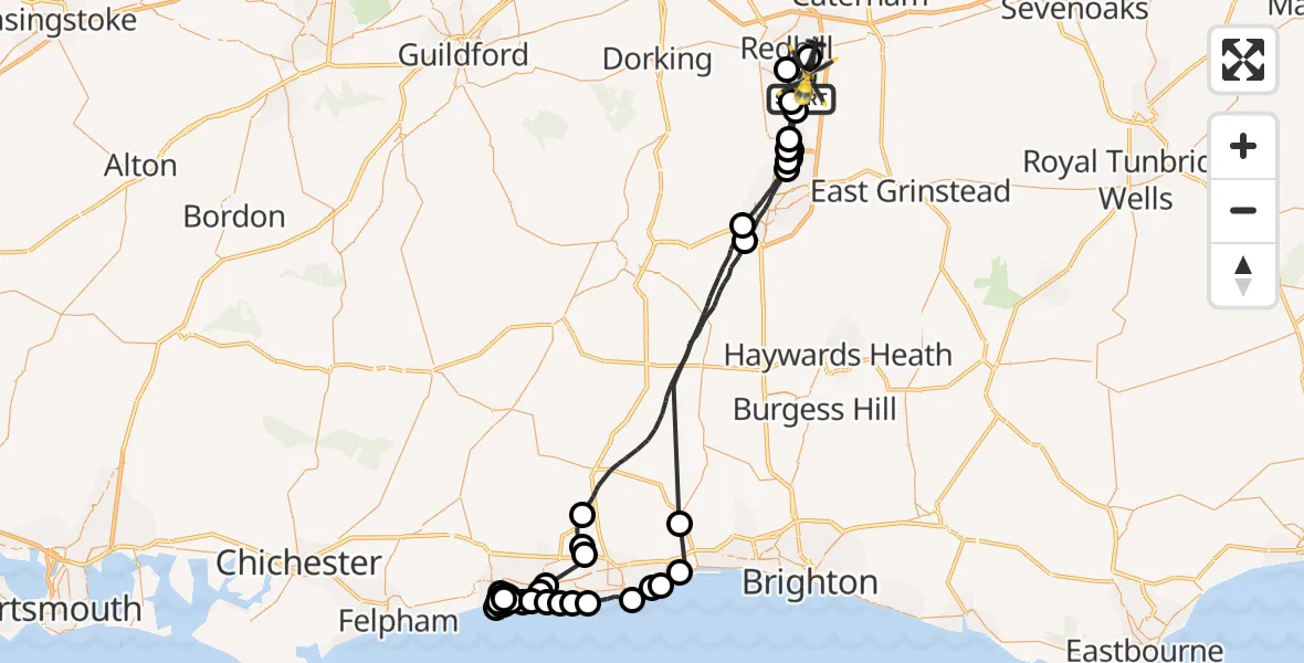 Flight path map showing Police Helicopter route from Salfords to South Nutfield