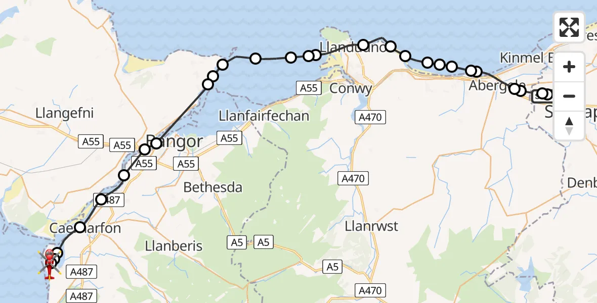 Flight path map showing Air Ambulance Helicopter route from Ysbyty Glan Clywd Hospital Heliport to Caernarfon Airport